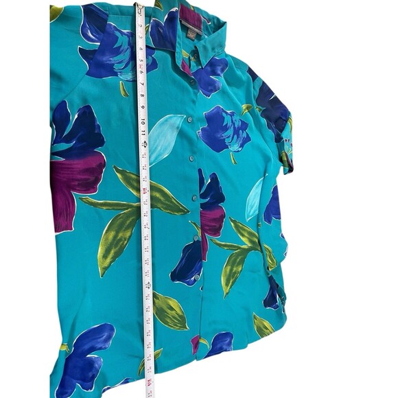 VTG 90s Lane Bryant Designs 18/20 Button Up Blouse Teal Floral Tropical Print - Picture 5 of 11